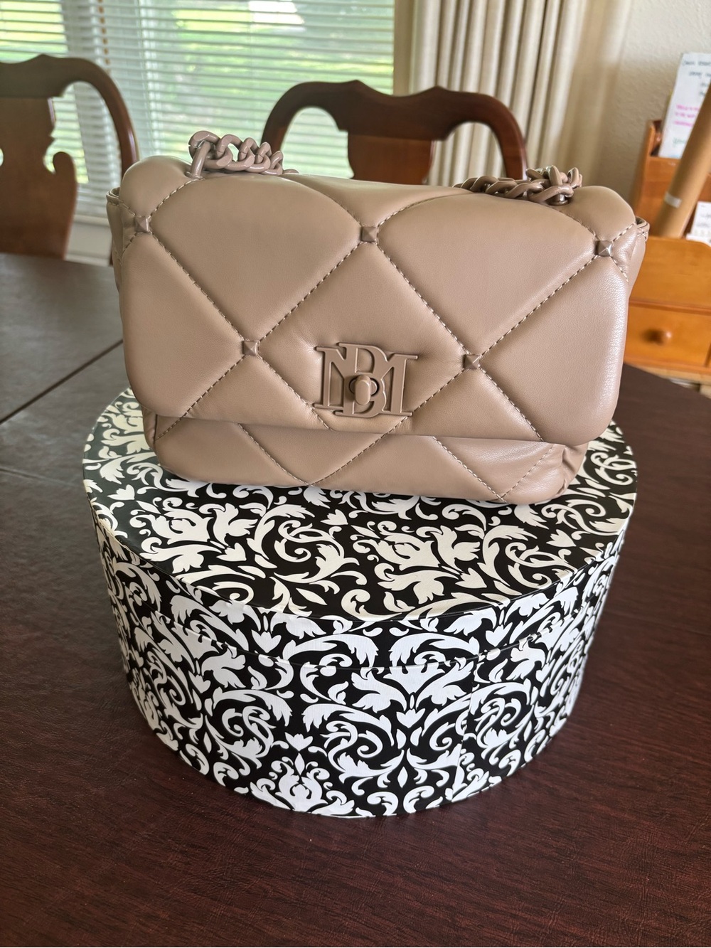 Badgley Mischka Taupe Quilted Crossbody Bag | Weighted Chain Strap